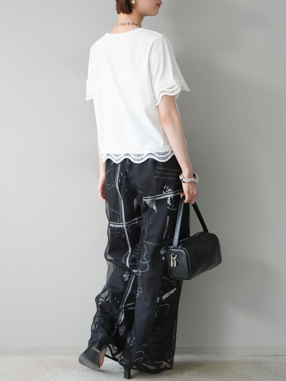 [SET]コード刺繍チュールレイヤードパンツ+ペイント柄タックパンツ(2set)