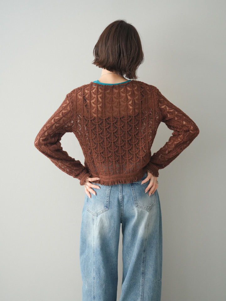 [予約]扇透かし編みクロップドニットプルオーバー/brown
