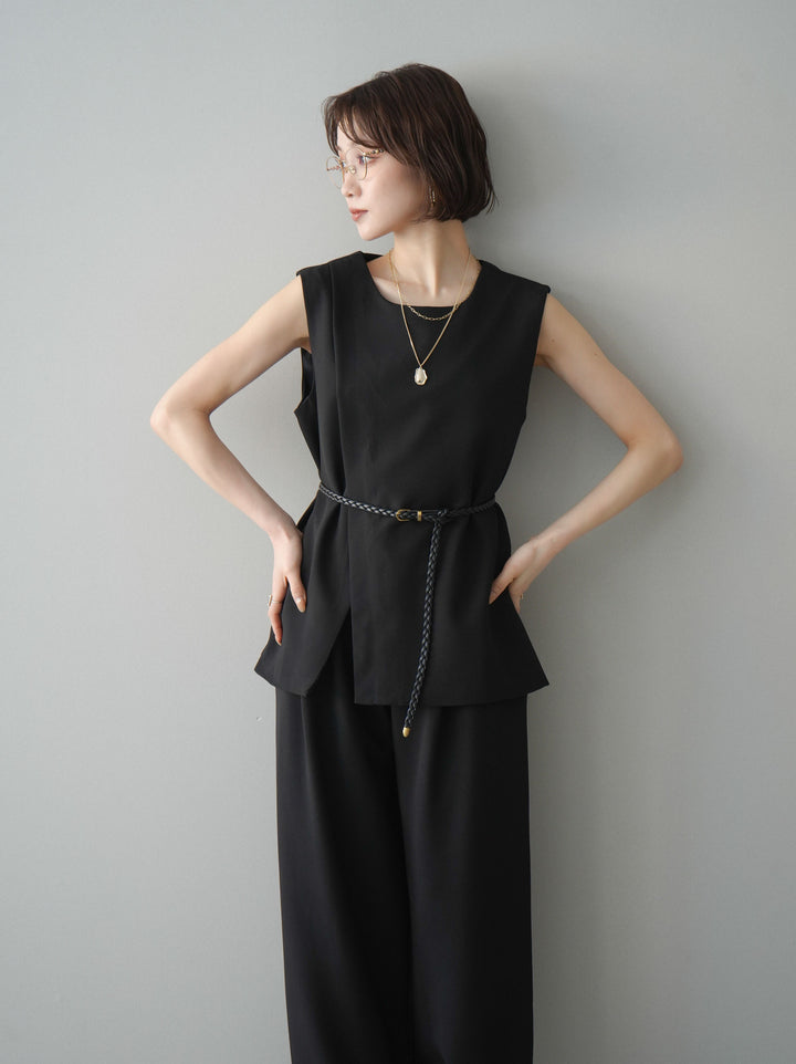 [SET]ベルト付ノースリーブトップス＆ワイドパンツSETUP