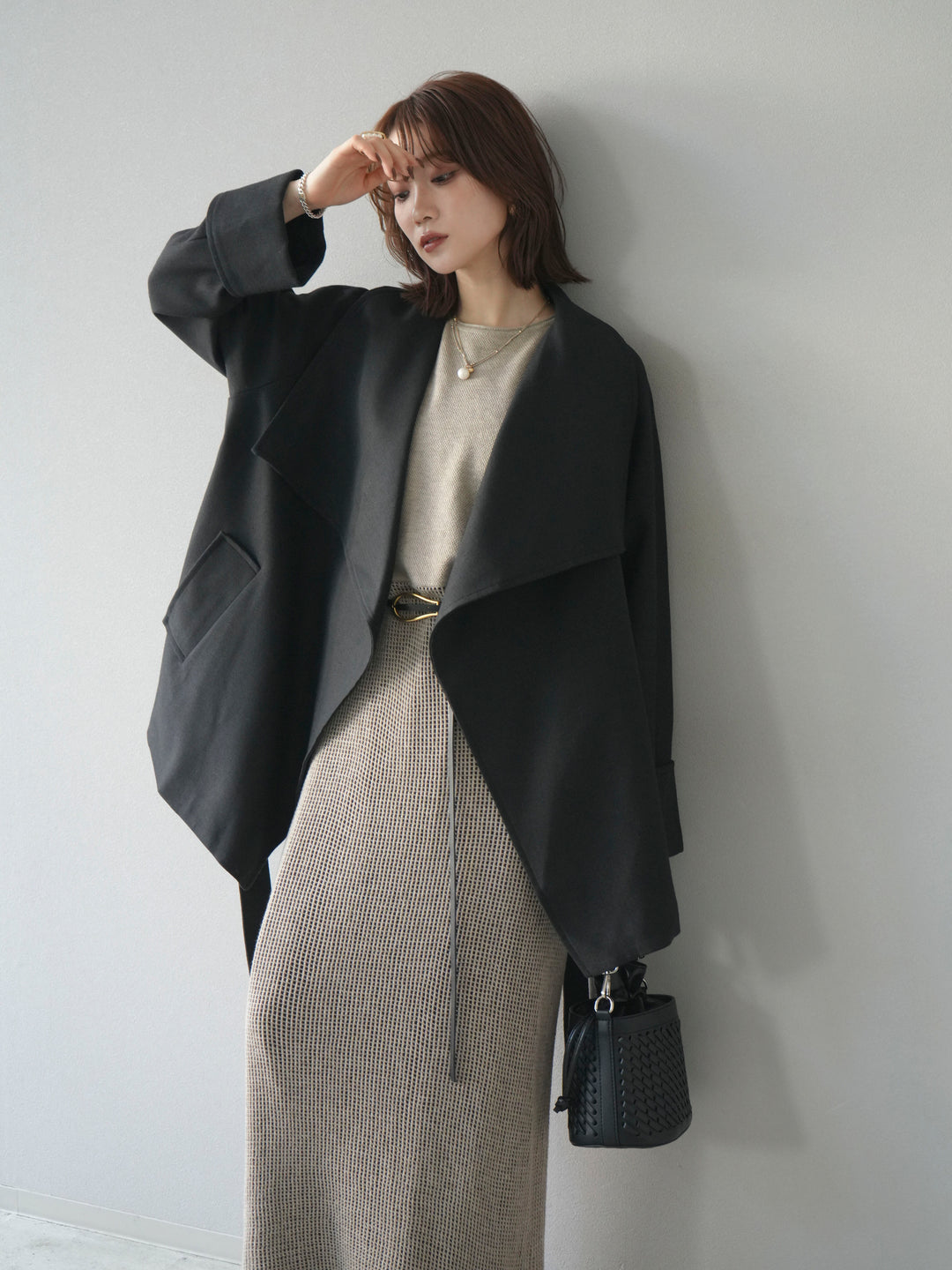 [予約]メッシュ切替ノースリーニットワンピース/beige