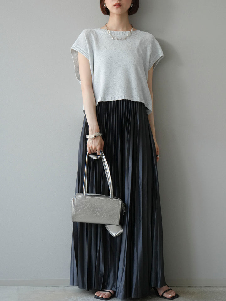 [SET]ネップヤーンクロップドニットベスト+サテンプリーツマキシスカート(2set)