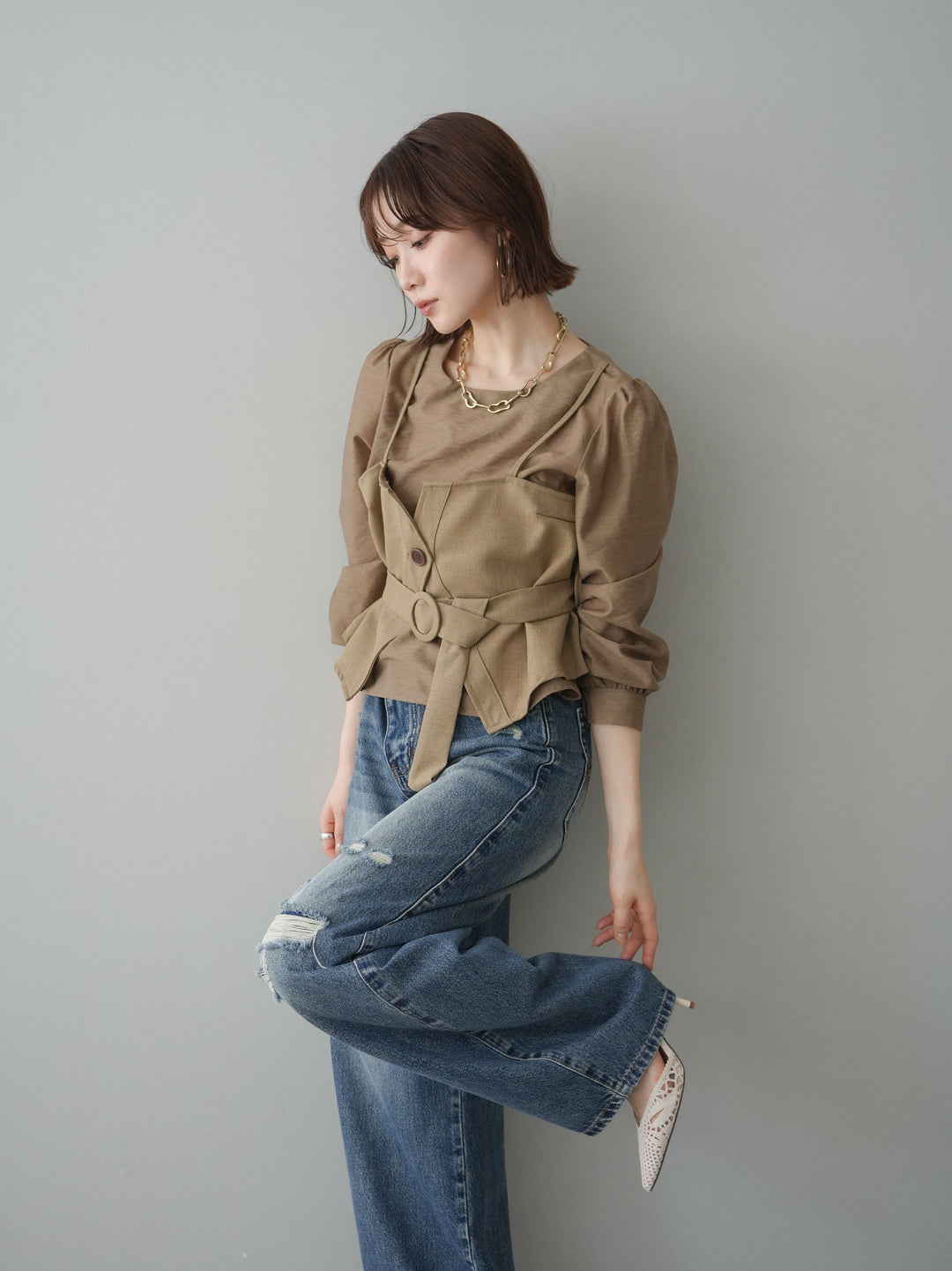 [SET]異素材ビスチェドッキングブラウス+異素材ビスチェドッキングブラウス(2set)