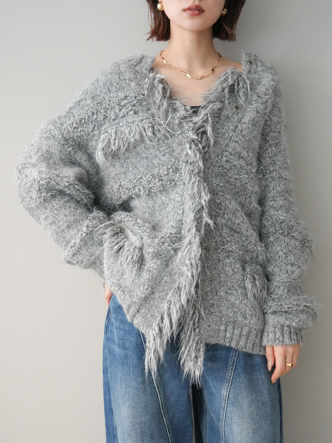 [SET]ミックスヤーンフリンジデザインニットジャケット+裏起毛加工デニムカーブパンツ(2set)