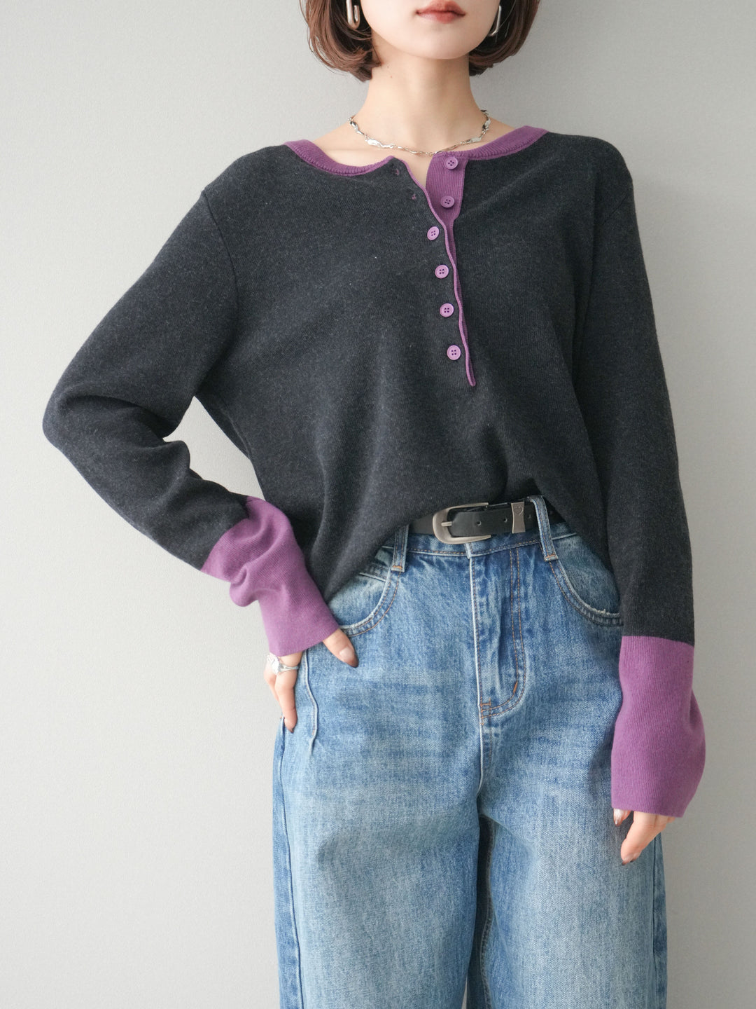 [SET]ヘンリーネック配色ニットソー+ヘンリーネック配色ニットソー(2set)