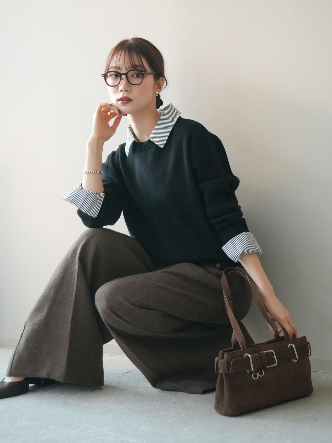 [予約]シャツドッキングデザイン裾ボタンニットプルオーバー/black