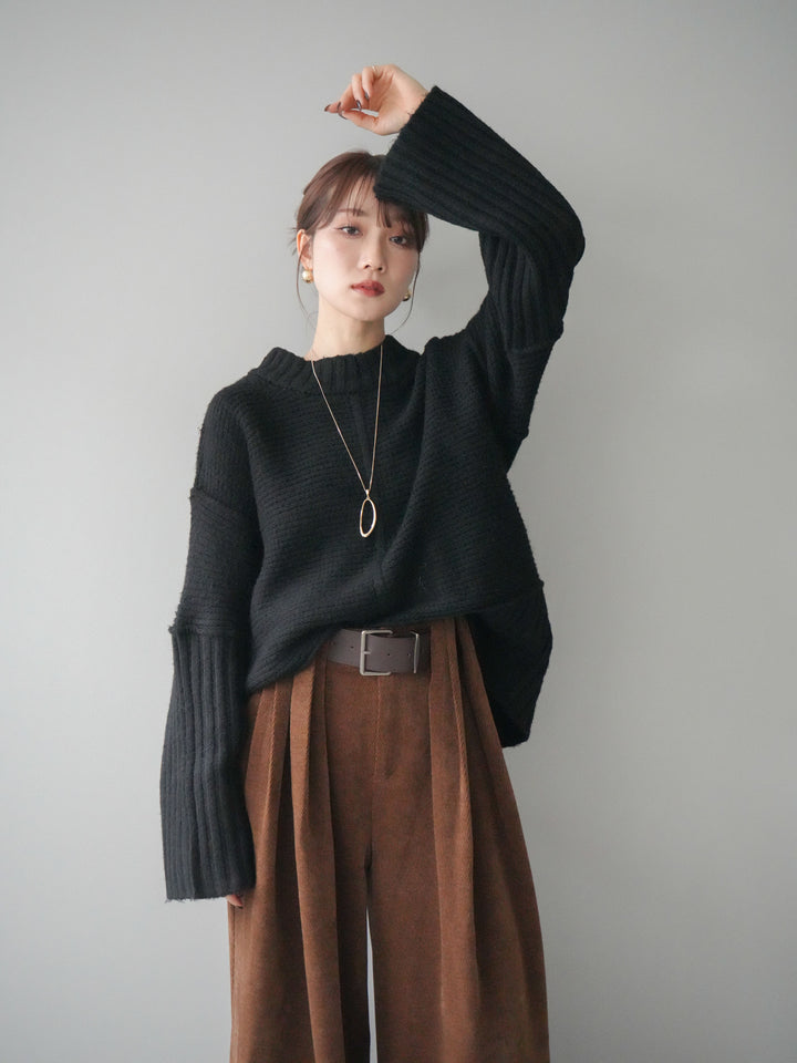 [予約]編み地切替ボトルネックニットプルオーバー/black