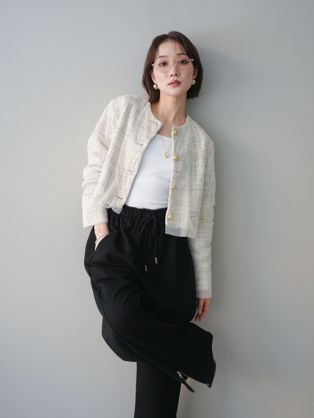 [SET]チュールレイヤードツイードクロップドジャケット+裾ZIPスエットワイドパンツ(2set)