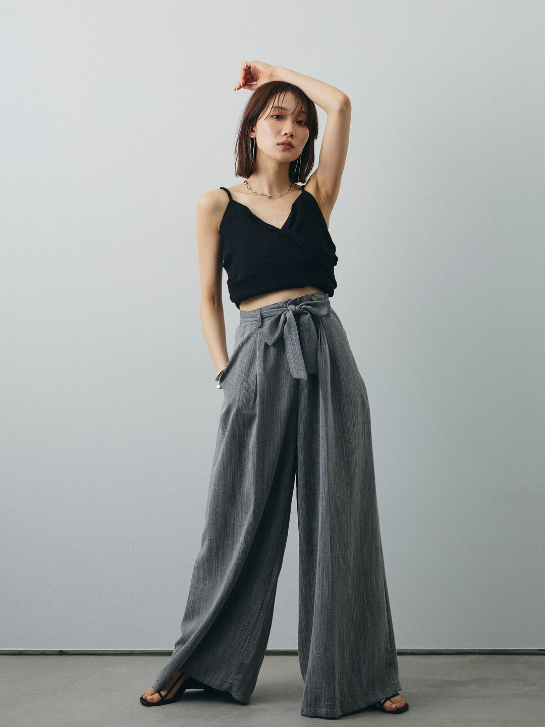 [SET]リネンライクカシュクールデザインビスチェ+リネンライクウエストリボンワイドパンツ(2set)
