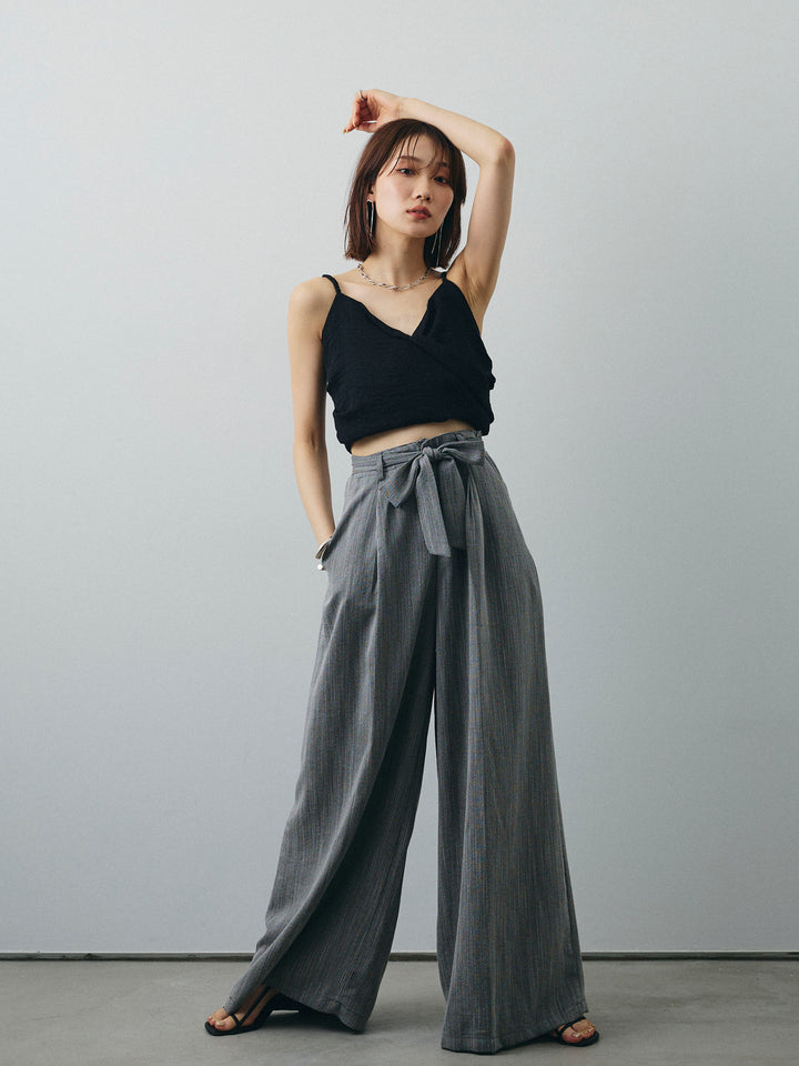 [SET]リネンライクカシュクールデザインビスチェ+リネンライクウエストリボンワイドパンツ(2set)