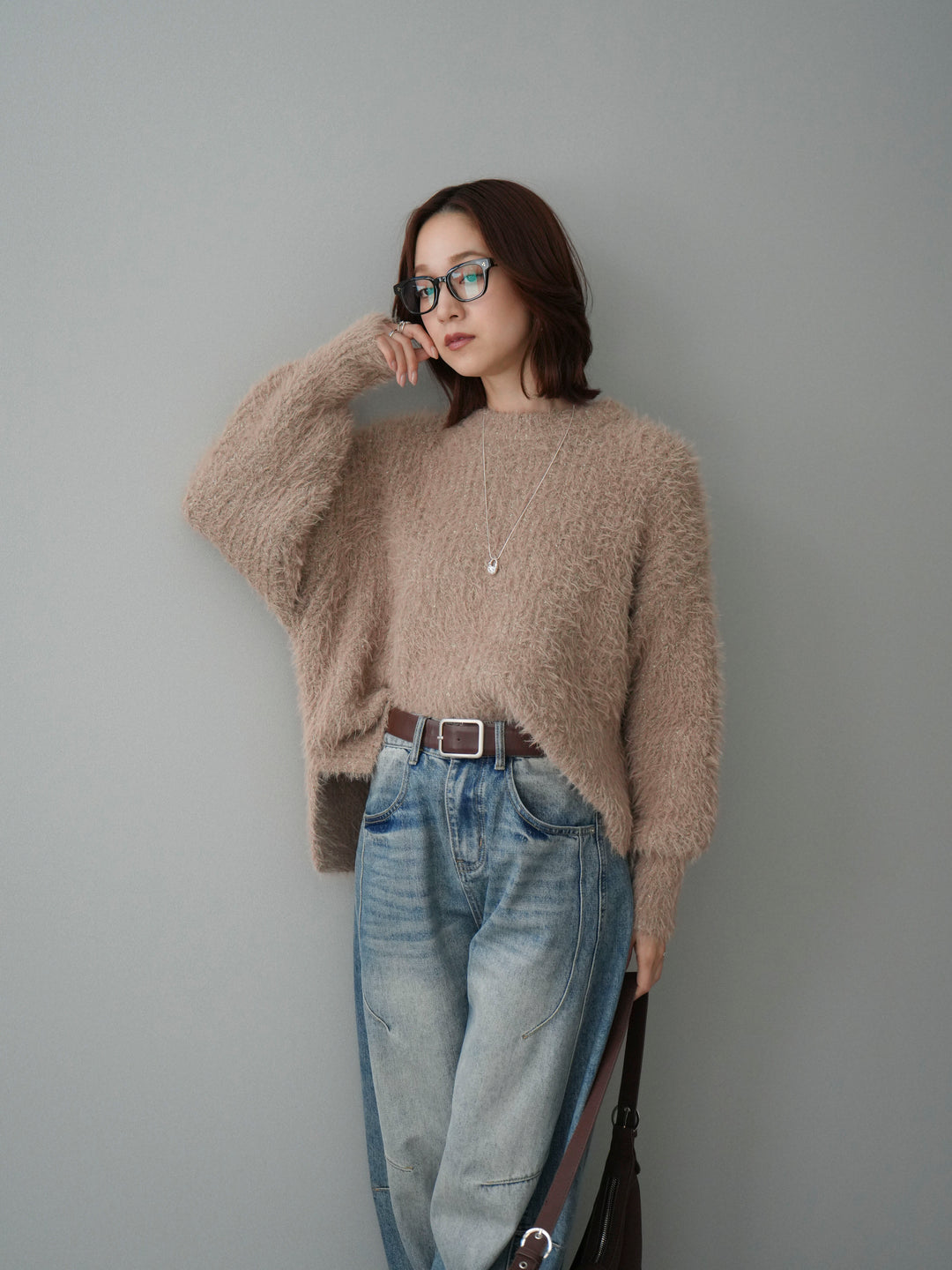 [SET]ボリュームスリーブシャギー MIXニットプルオーバー+ベルト付カーブデニムパンツ(2set)