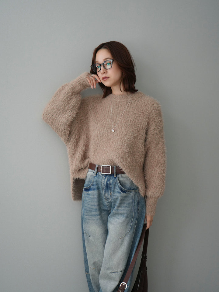 [SET]ボリュームスリーブシャギー MIXニットプルオーバー+ベルト付カーブデニムパンツ(2set)