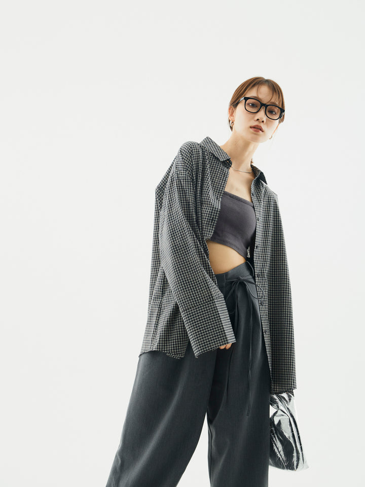 【Allure】[SET]チェックBIGカフスオーバーシャツ+ラップデザインタックワイドパンツ(2set)
