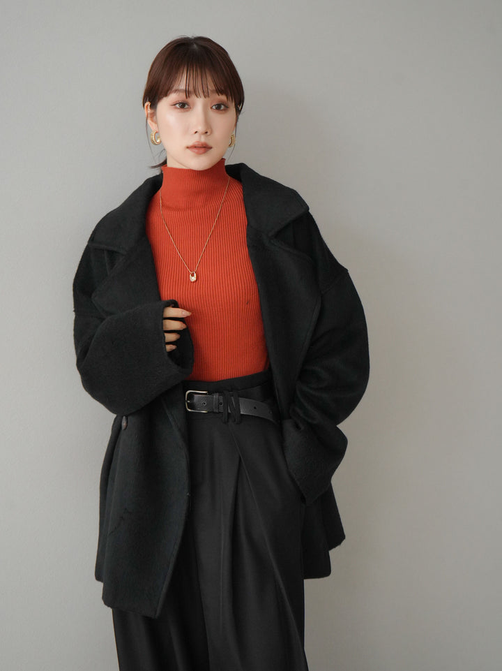 [SET]フェイクビーバーミドルコート+袖ボタンハイネックリブニットトップス+ベルト付ウールタッチワイドパンツL(3set)