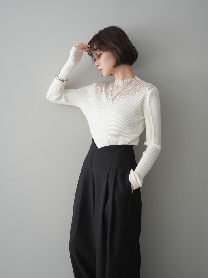 [SET]シアー切替スパンコールリブニットトップス+選べるアクセセット(2set)