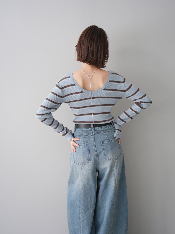 [予約]バックオープンテレコリブマルチボーダートップス/blue