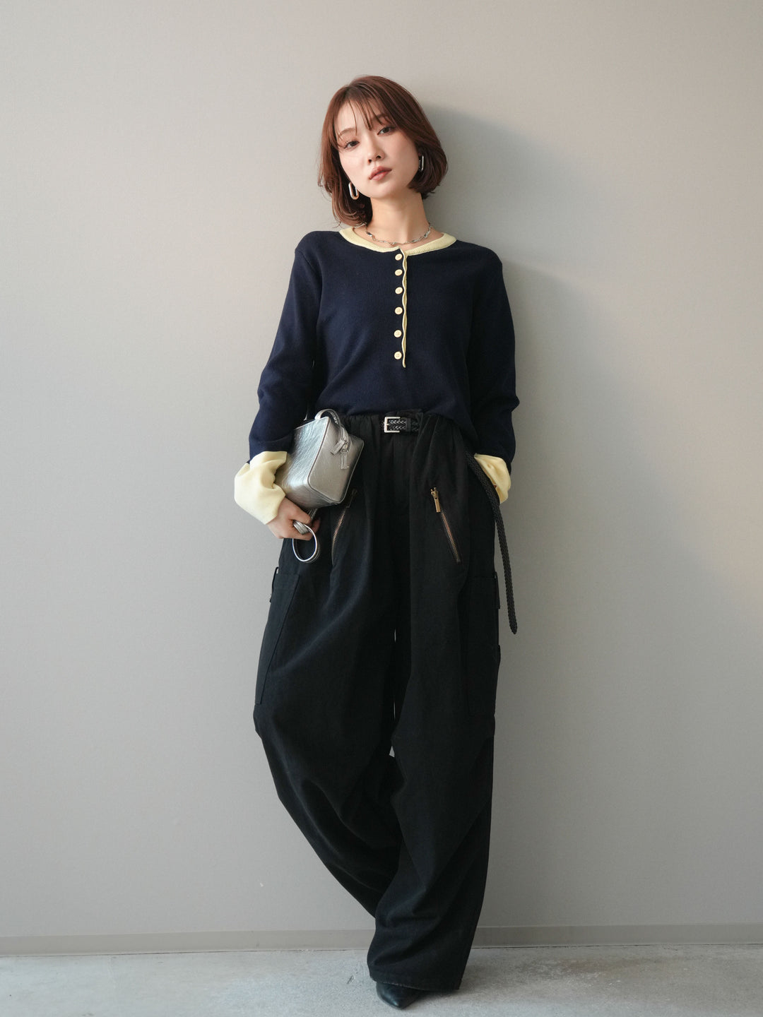 [SET]ヘンリーネック配色ニットソー+コットンタックループパンツ(2set)