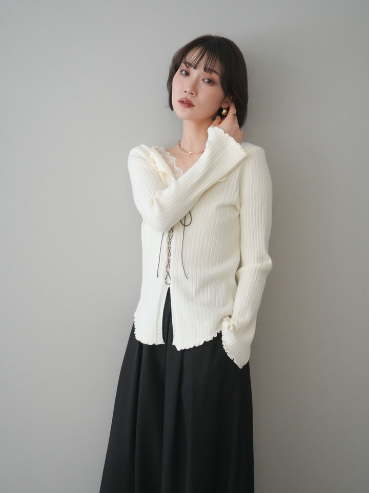 [予約]レースネックレースアップリブニットトップス/ivory