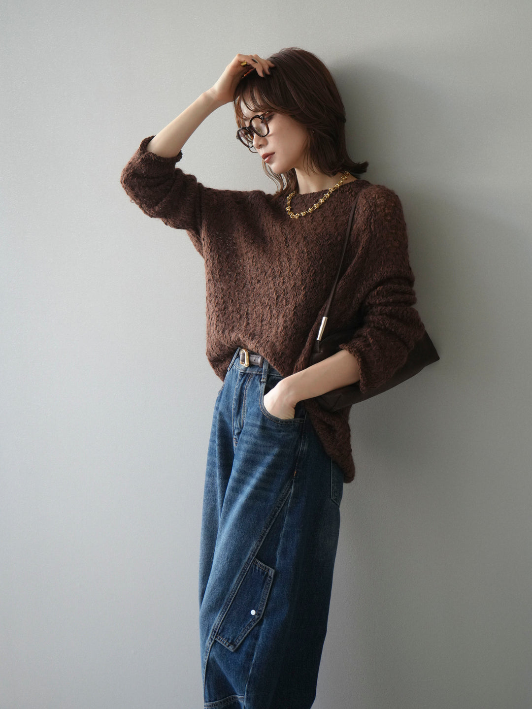 [予約]透かし編みモヘアタッチポコポコニットプルオーバー/brown