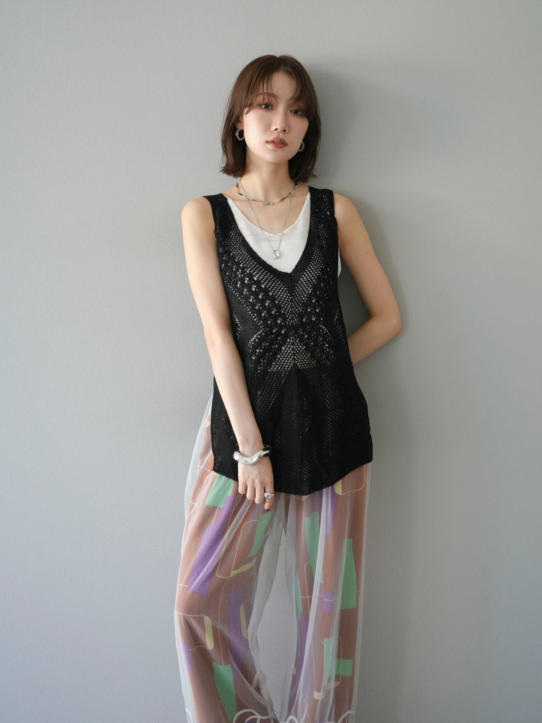 [予約]透かし編みレイヤードニットトップス/ブラック