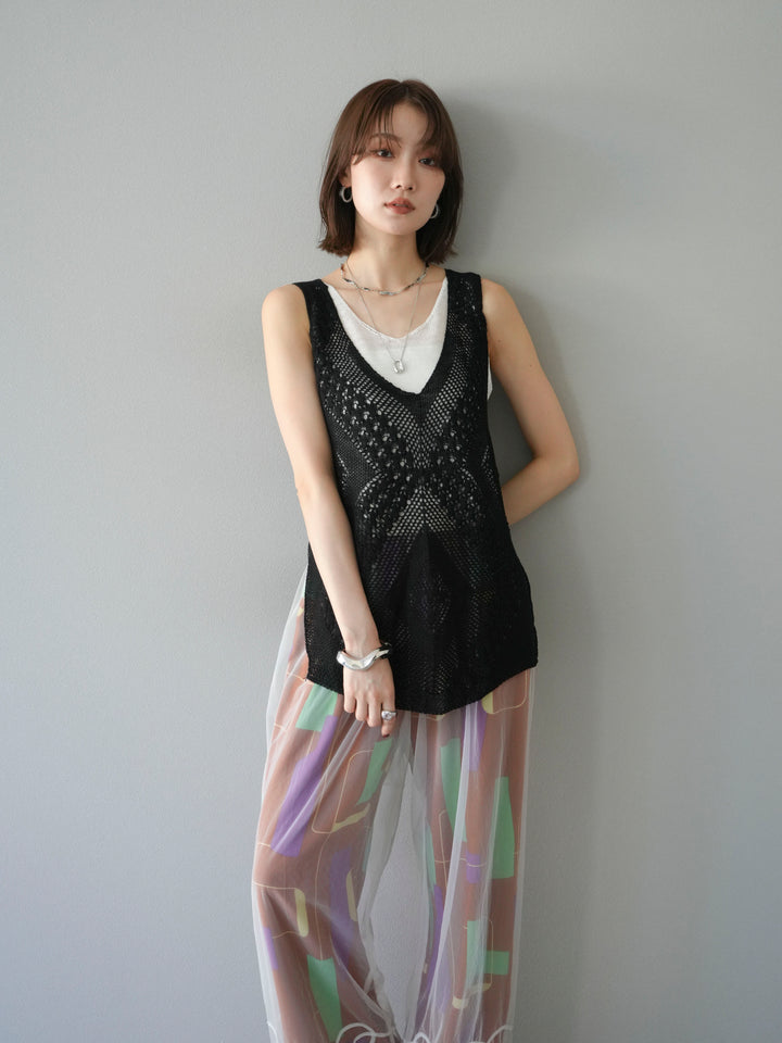 [予約]透かし編みレイヤードニットトップス/ブラック