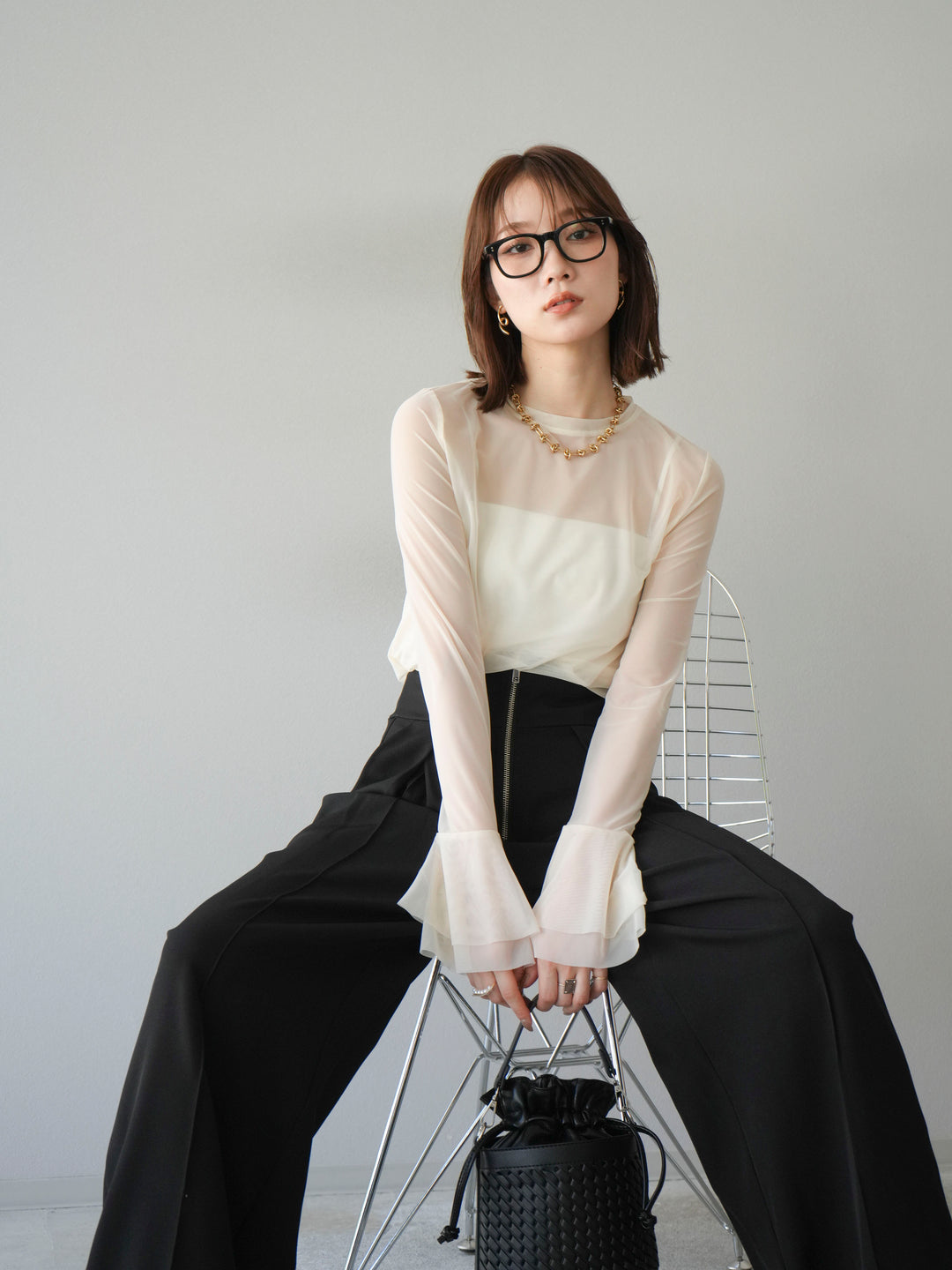 [予約]フレアロングスリーブパワーメッシュトップス/アイボリー