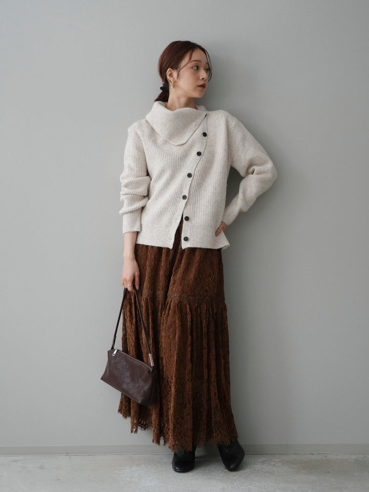 [SET]ハイネックデザインボタンニットカーディガン+起毛レースティアードスカート(2set)
