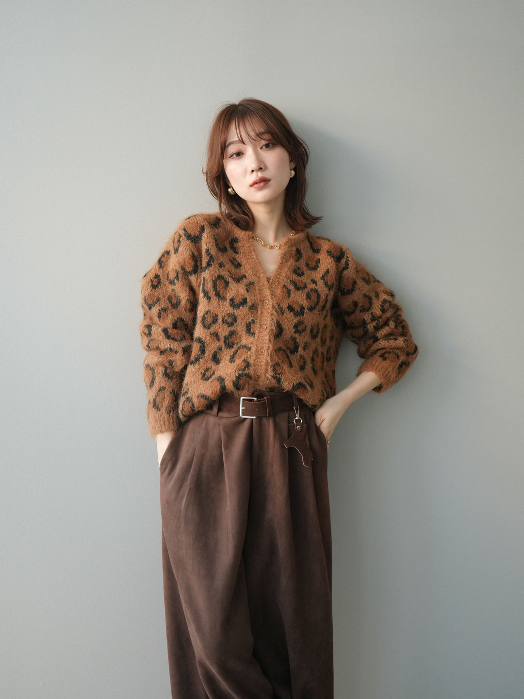 [SET]モヘアタッチレオパード柄ニットカーディガン+モヘアタッチレオパード柄ニットカーディガン(2set)