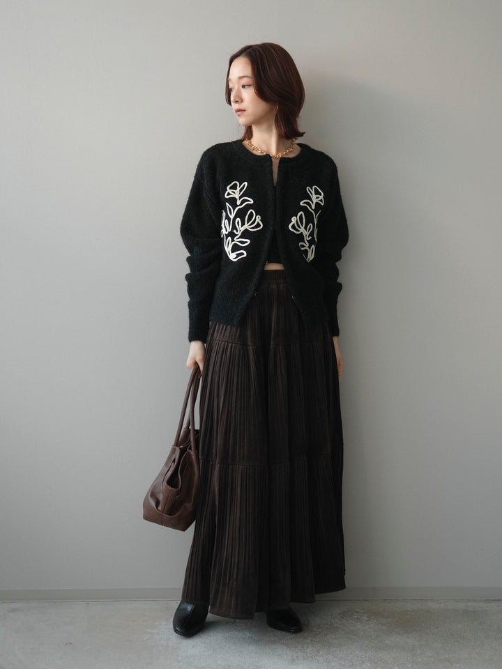 [SET]テープ刺繍ホック開きブークレニットカーディガン+ベロアティアードワッシャースカート(2set)