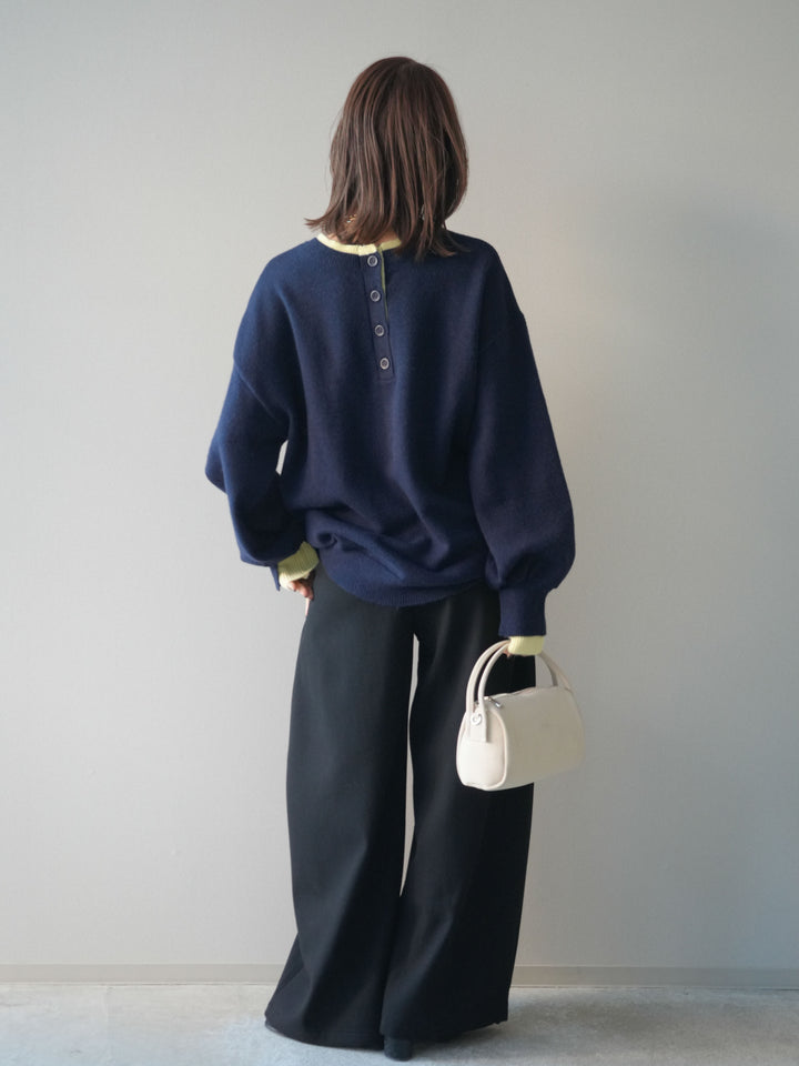 [SET]ヘンリーネック配色レイヤードニットプルオーバー+アニマル柄ベルト付きウールタッチワイドパンツ(2set)