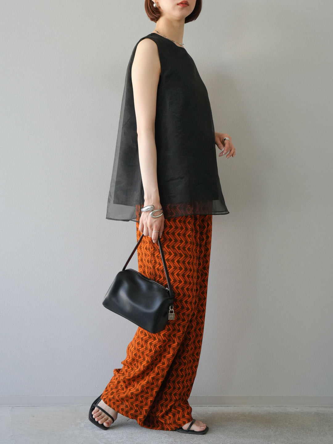 [予約]レーヨンフレックススラブウェーブ柄ストレートパンツ/オレンジ