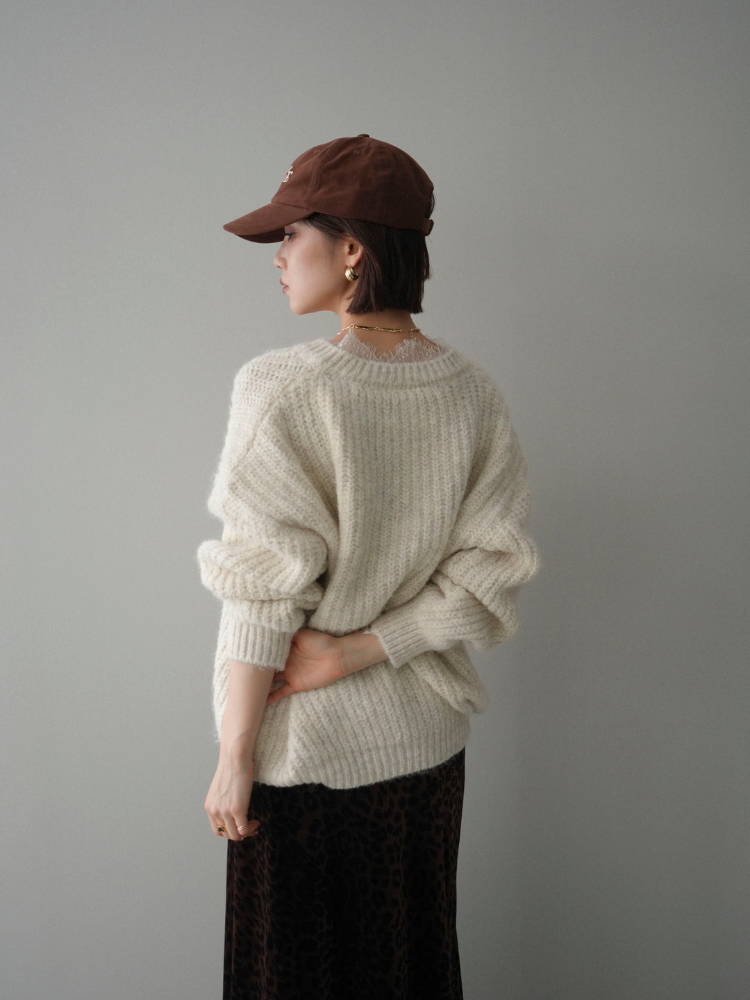 [SET]Vネックレースニットプルオーバー+レオパードベロアナロースカート(2set)