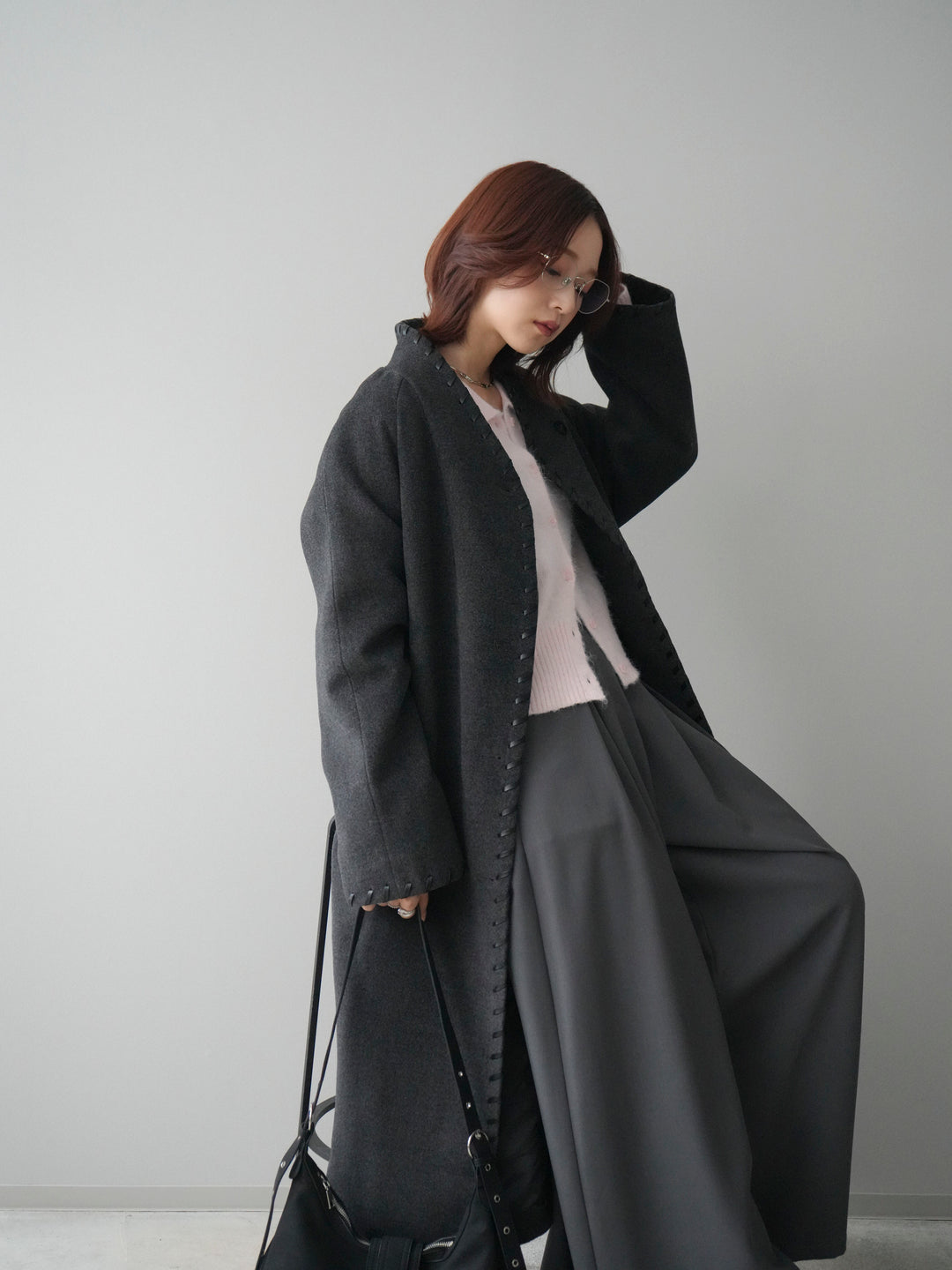 [SET]ハンドステッチ裏中綿ロングコート+モヘア衿付きボタンプルオーバー(2set)