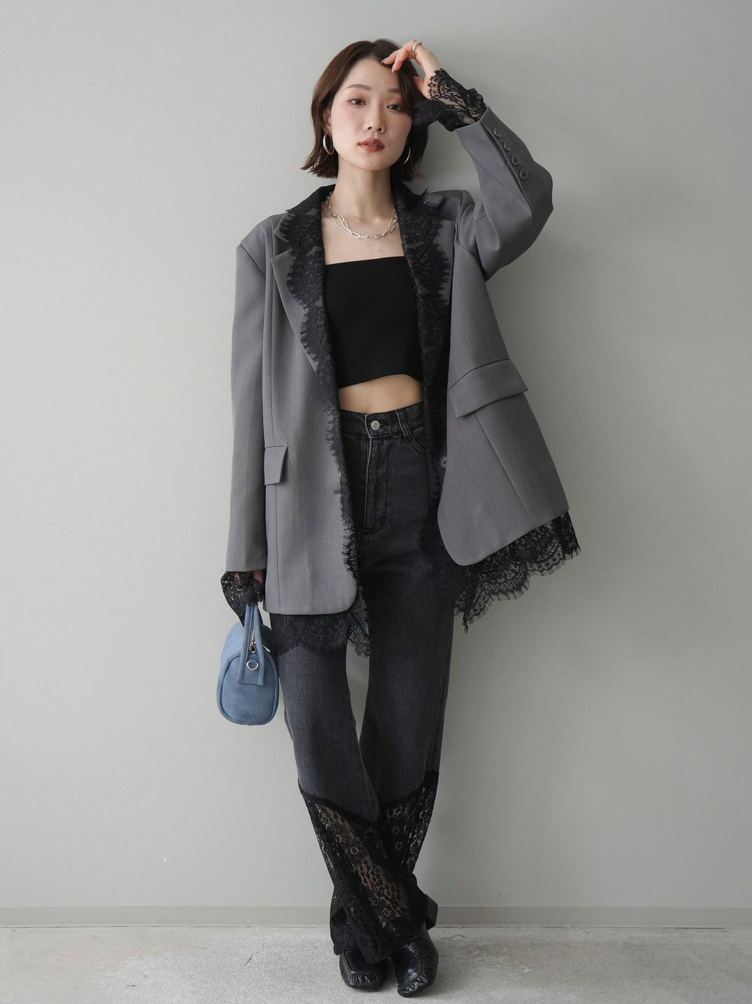 [予約]レース切替フレアデニムパンツ/black