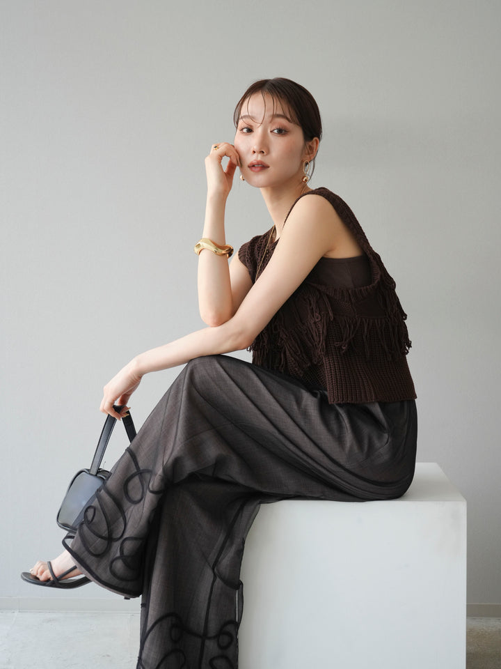 [SET]透かし編みフリンジニットトップス+コード刺繍チュールレイヤードパンツ(2set)