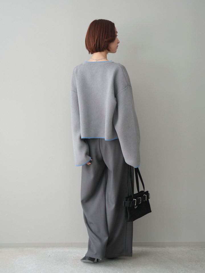 [SET]ポリエステル配色ニットカーディガン+ウエストレースタックワイドパンツ(2set)
