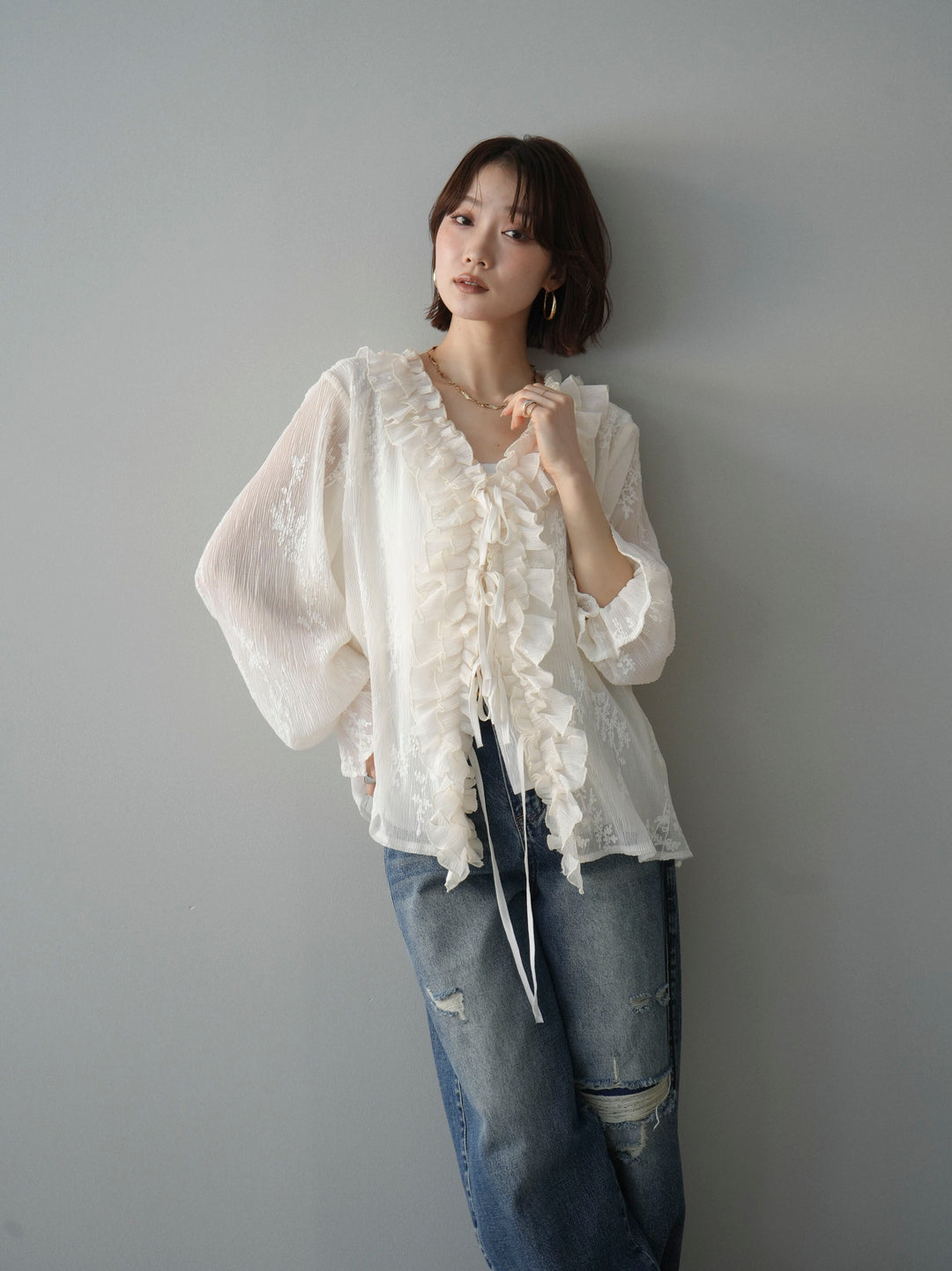 [予約]楊柳ラッフルフリルカーディガン/ivory