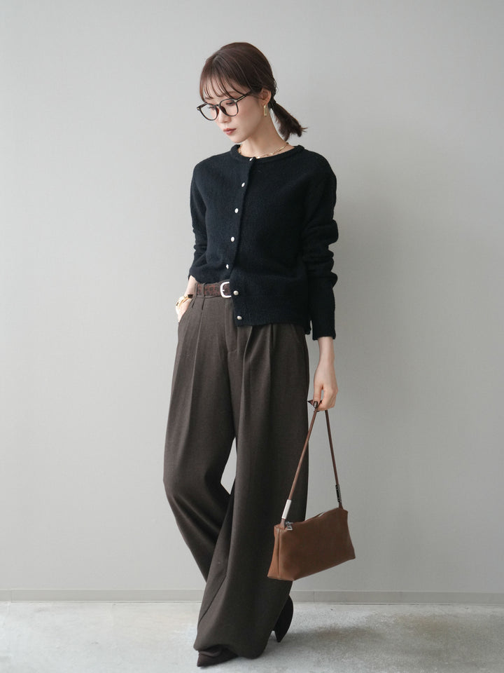 [予約]アニマル柄ベルト付きウールタッチワイドパンツ/brown