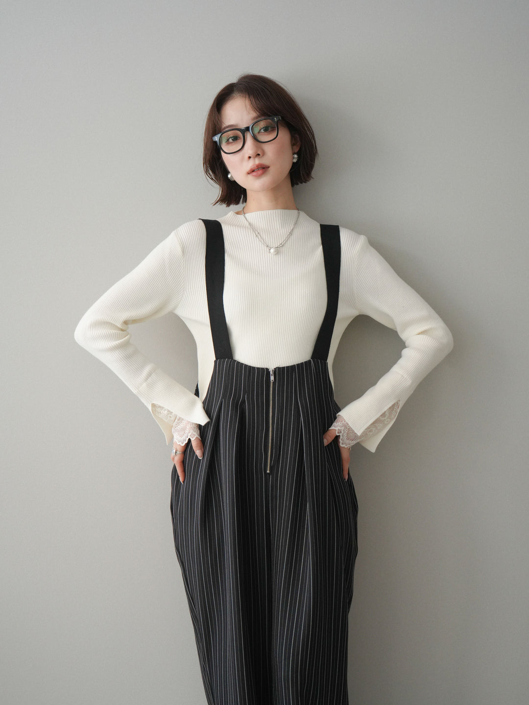 [SET]袖スカラップレースオフネックニットトップス+選べるアクセセット(2set)