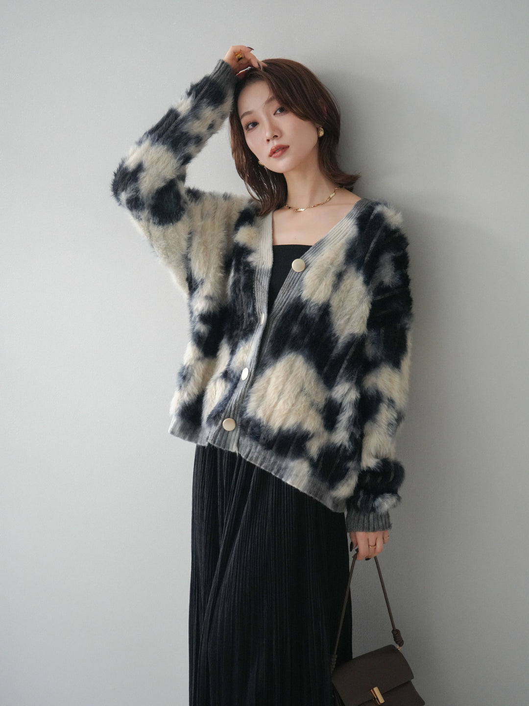 [予約]ニュアンス柄シャギーニットカーディガン/khaki