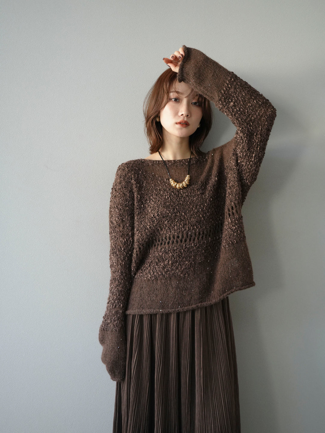 [予約]ミックスヤーンデザイン編みメッシュニットプルオーバー/ブラウン