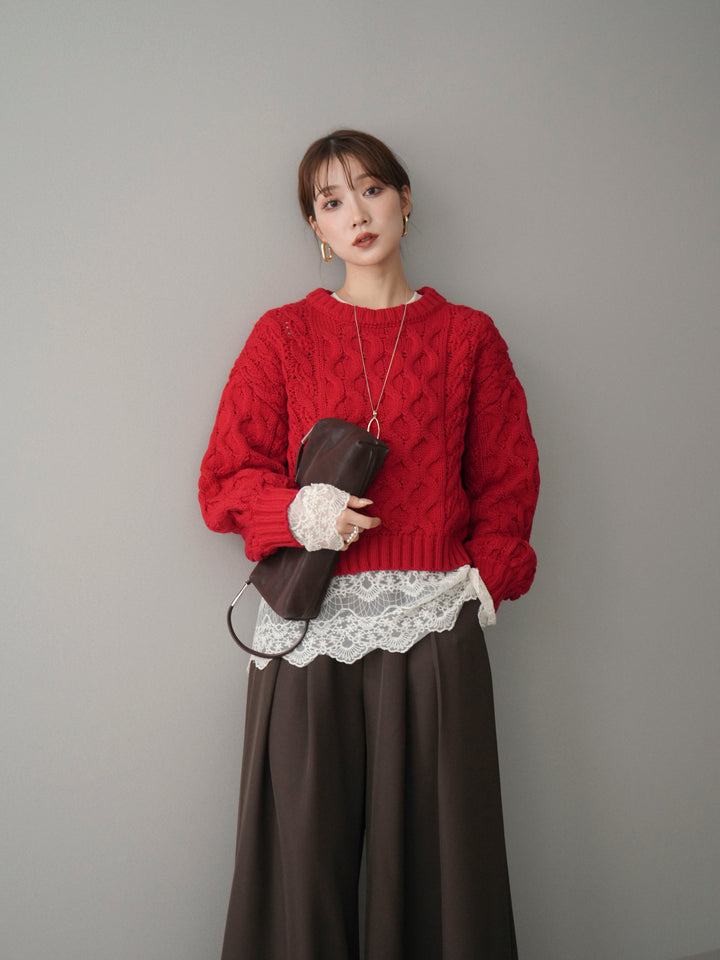 [予約]バルキーケーブルクロップドニットプルオーバー/red