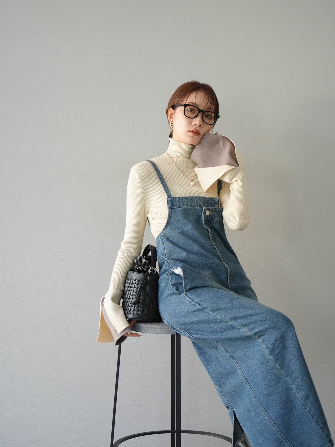 [3]ヘンリーネック配色リブニットトップス/アイボリー