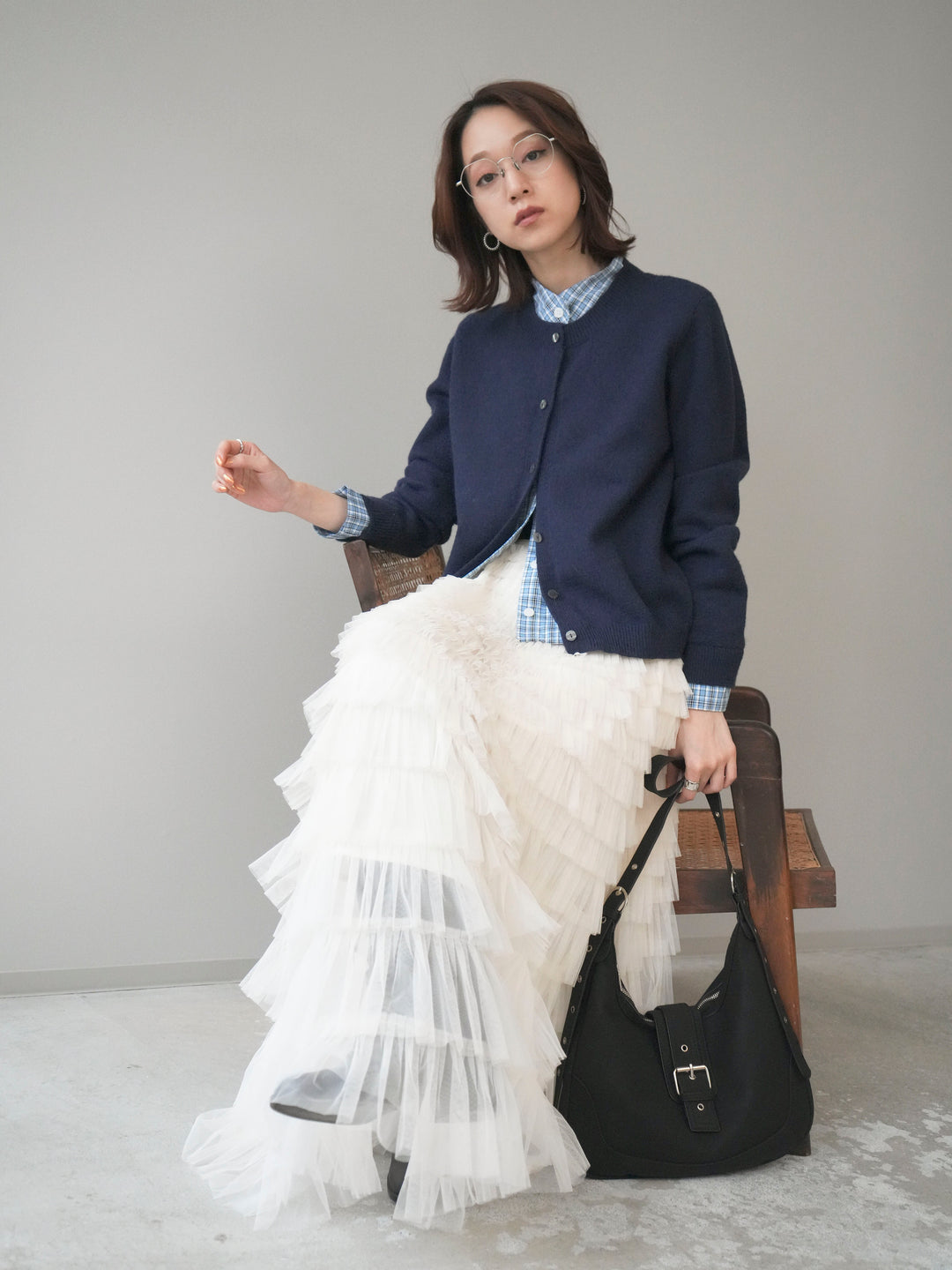 [予約]チェックシャツレイヤードデザインニットカーディガン/navy