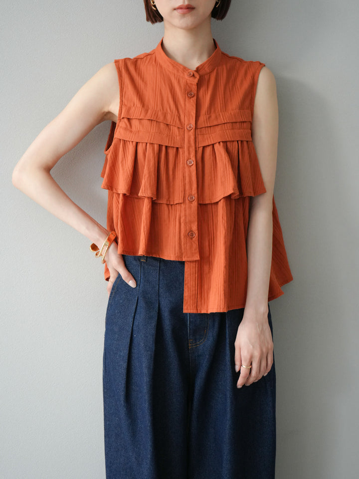 [予約]ドビーストライプアシンメトリーフリルノースリブラウス/テラコッタ