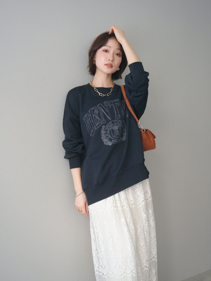 [SET]カレッジロゴ刺繍BIGスウェットプルオーバー+裏プリーツ総レースロングスカート(2set)