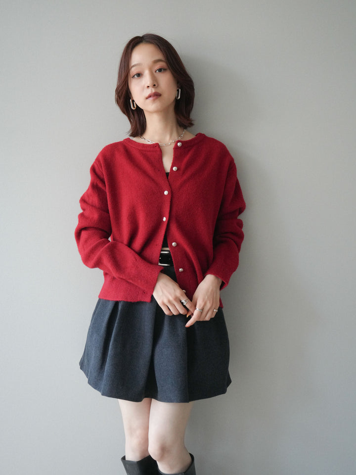 [SET]アンティークボタンニットカーディガン+ベルト付きタックミニスカート(2set)