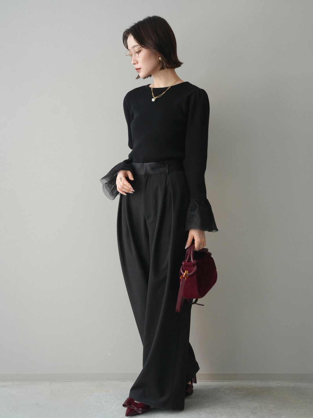 [予約]サテンベルトタックワイドパンツ/black