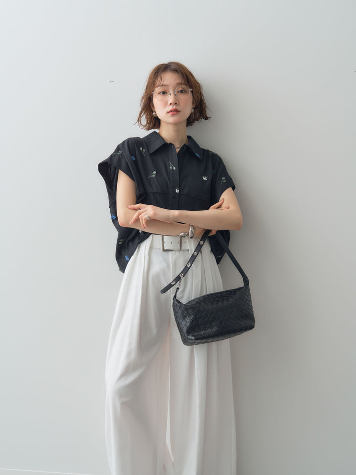 【套裝】花卉刺繡燈籠無袖襯衫+腰帶設計環扣闊腿褲（兩件套）