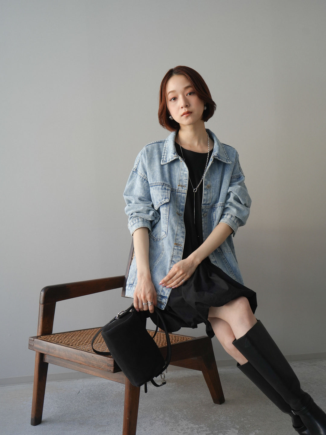 [SET]ノースリバルーンミニワンピース+デザインBIGポケットオーバーデニムジャケット(2set)