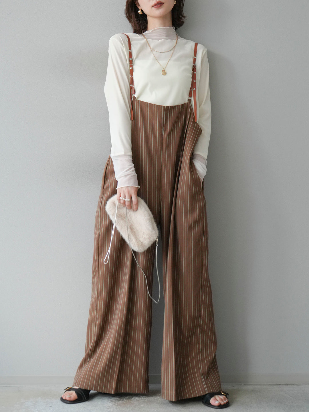 【着回しセット】[SET]ヘリンボーンストライプジレ+シアー切替ベロアトップス+ヘリンボーンストライプサロペット(3set)